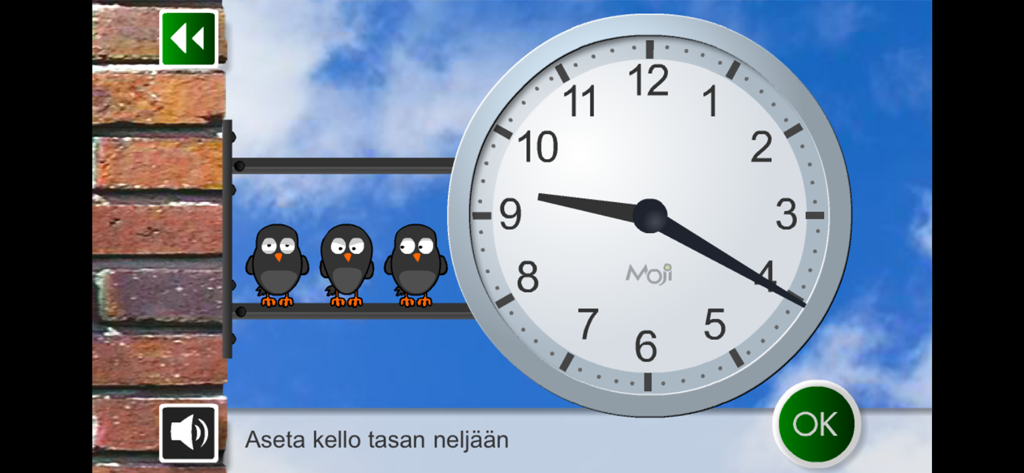青空を背景に、ドラッグ可能な針が付いたアナログ時計と、ワイヤーに止まっている鳥が表示されているMoji Kelloアプリのスクリーンショット