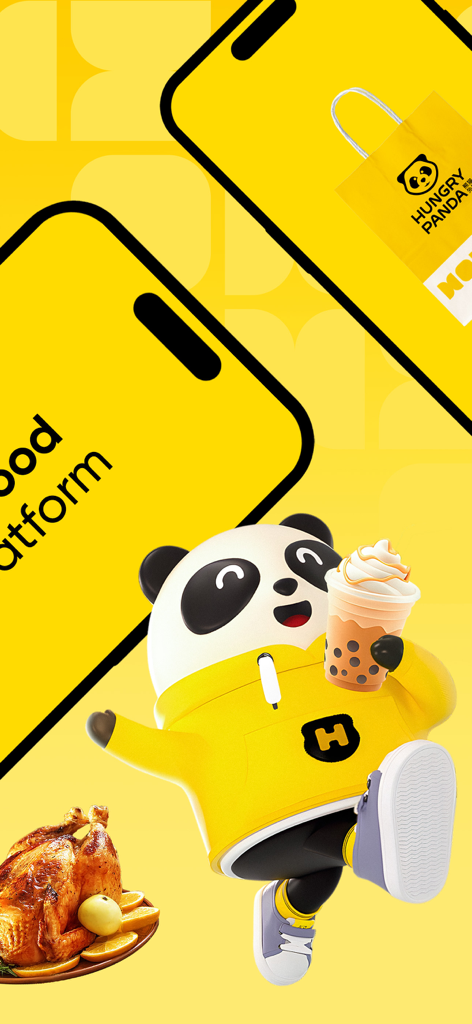HungryPanda熊猫外卖 - Linda mascota de HungryPanda sosteniendo un té de burbujas y un pollo asado sobre un fondo amarillo.