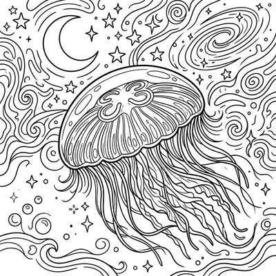 Journey to a tranquil underwater night with this captivating Moon Jellyfish coloring page. Adorn a graceful jellyfish amidst a celestial backdrop of stars, a crescent moon, and swirling cosmic currents.