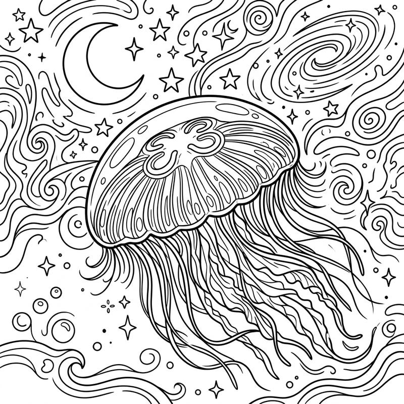 Journey to a tranquil underwater night with this captivating Moon Jellyfish coloring page. Adorn a graceful jellyfish amidst a celestial backdrop of stars, a crescent moon, and swirling cosmic currents.