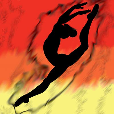 gymnast doing a leap in a leotard with a bent back leg