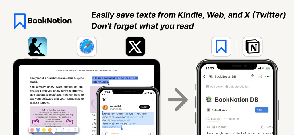 Book Notion｜notes reviews memo - Graphic showing Book Notion app syncing Kindle and web highlights to a Notion database