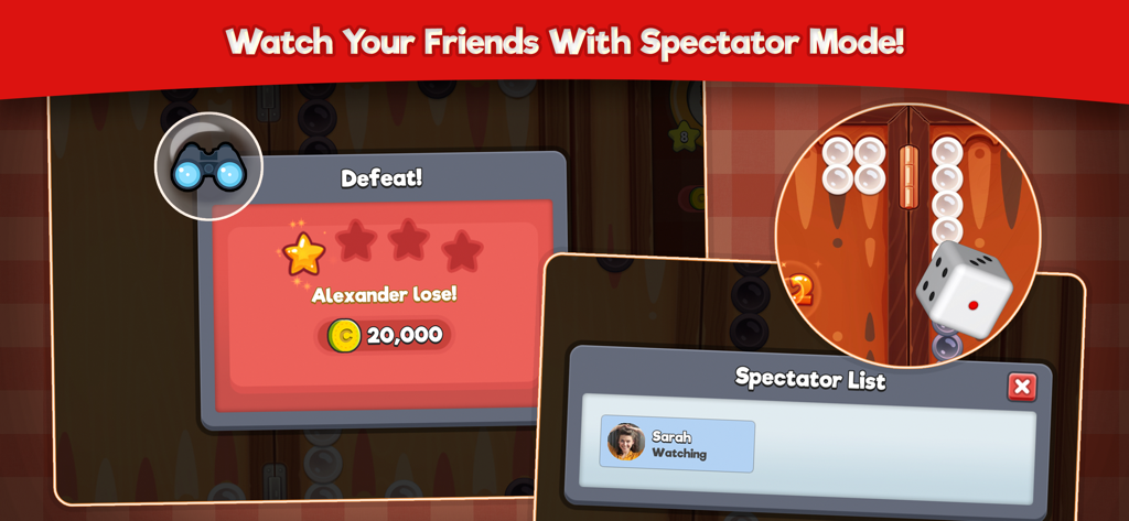 Backgammon Stars Spectator Mode showing a friend watching a game