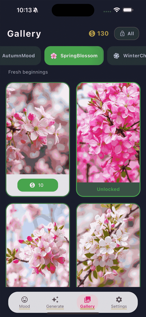 Ikream - Screenshot of the Ikream app gallery featuring spring blossom wallpaper options