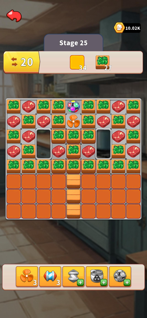 Little Restaurant - Juego de puzle Match-3 de Little Restaurant mostrando alimentos y potenciadores en la etapa 25.