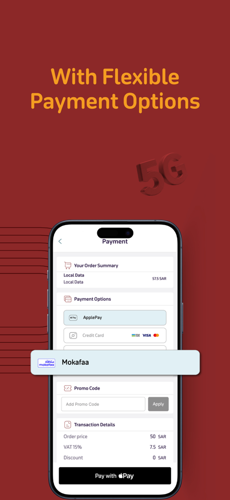 Interface de l'application Yaqoot affichant des méthodes de paiement flexibles, y compris Apple Pay et les cartes de crédit pour les forfaits de données mobiles.