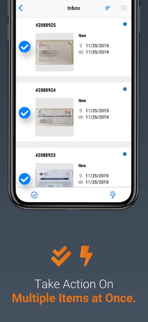 Anytime Mailbox Virtual Mail - A mobile app interface showing multiple physical mail items selected for batch processing and bulk actions.