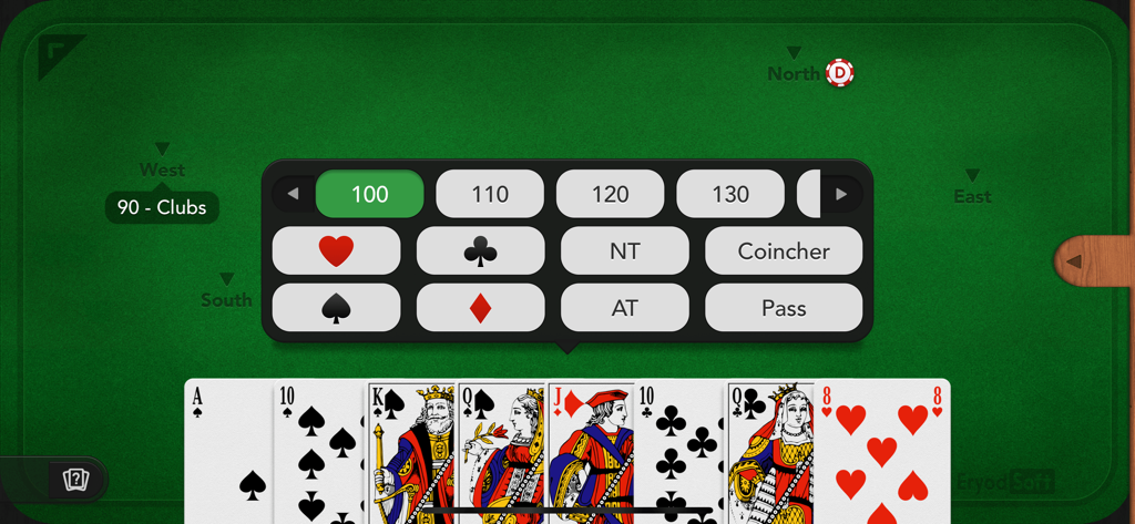 Coinche / Belote Contrée + - Bidding phase interface in Coinche Belote card game showing the player hand and bidding options on a green table.