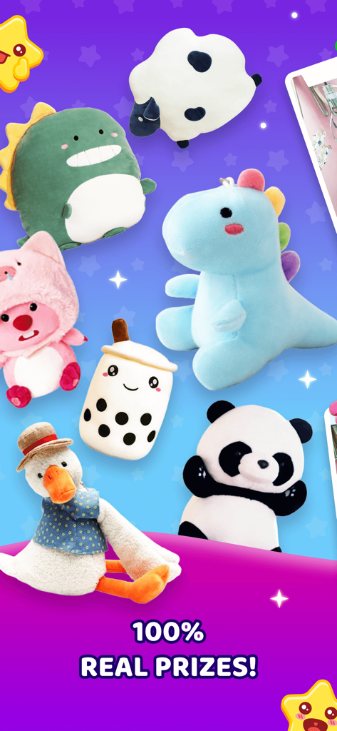 A collection of colorful plush toys including a dinosaur panda and boba tea with the text 100 percent real prizes.