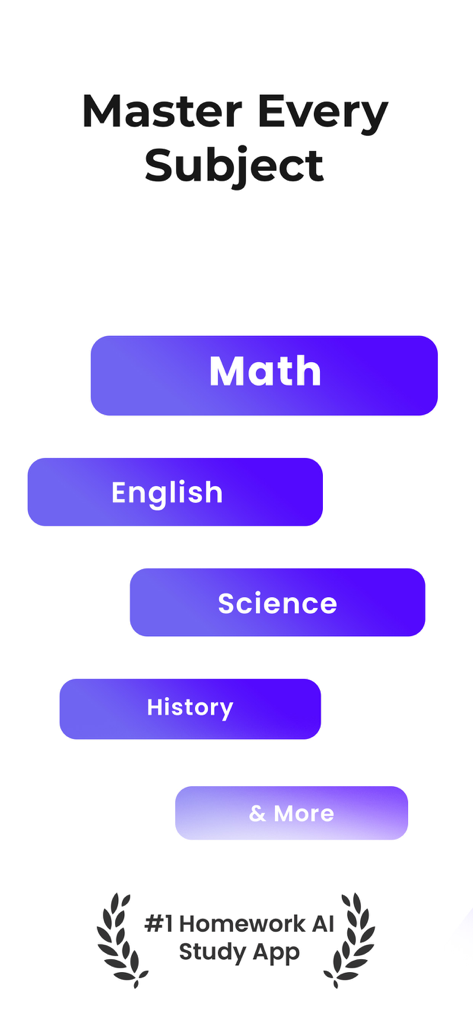 ScanSolve app screen showing support for various subjects including Math English Science and History