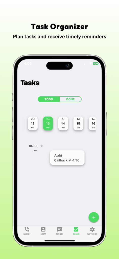 GoDial Enterprise app interface showing the Task Organizer screen with a scheduled callback reminder