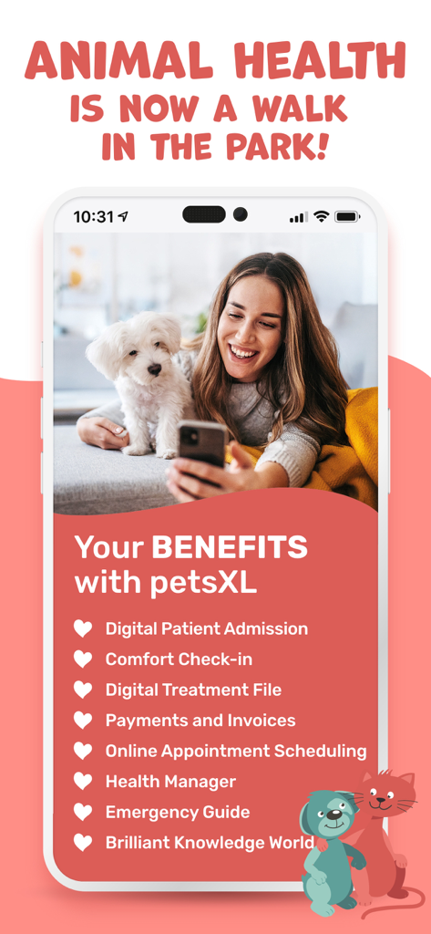 Eine Frau lächelt mit ihrem Hund, während sie die petsXL-App nutzt, die Vorteile für Tierhalter wie digitale Krankenakten und Terminbuchungen auflistet.