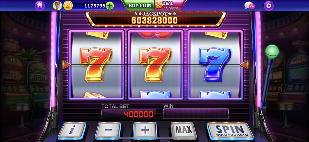 Tiến Lên Miền Nam - Đánh Bài - Slot machine interface showing a large jackpot and triple seven symbols