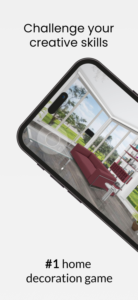 Home Decor - House Design Game - Home Decor ハウスデザインゲームで、赤いソファとガラスのテーブルのあるリアルな3Dリビングルームのデザインを表示するスマートフォン