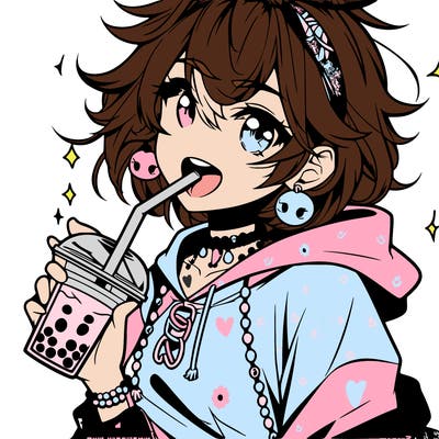 hot baddie anime girl drinking boba and biting the straw