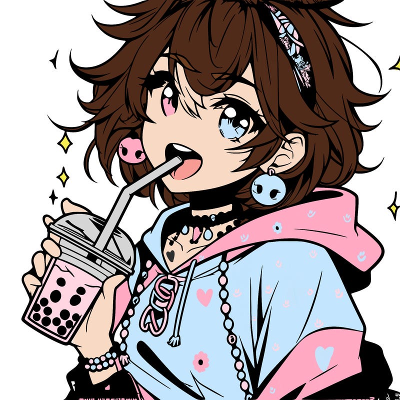 hot baddie anime girl drinking boba and biting the straw