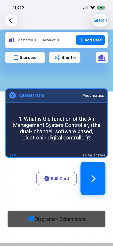 iEMBRAER Type Rating Prep - Mobile app interface showing an Embraer aircraft pneumatics study flashcard with a technical question.