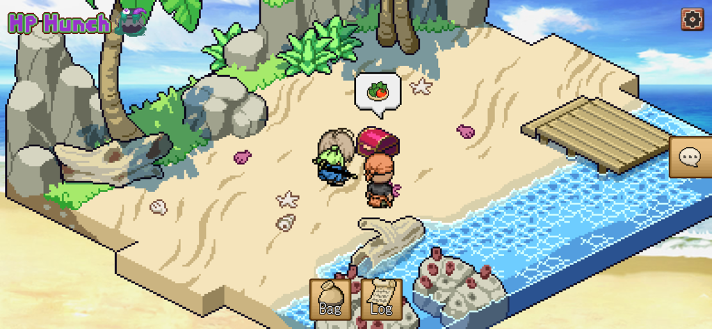 Hodgepodge Hunch - Pixel art characters exploring a beach dungeon and finding ingredients in a treasure chest in Hodgepodge Hunch.