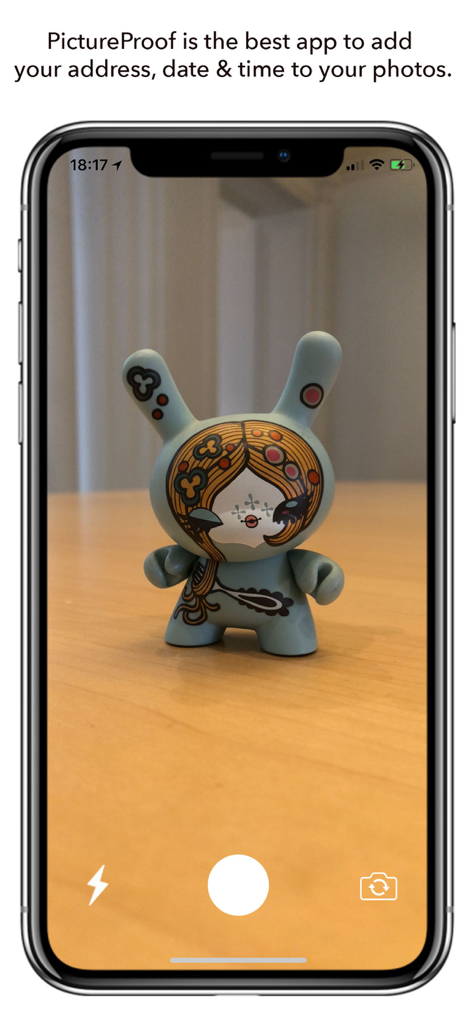 Picture Proof - Smartphone screen showing the Picture Proof app camera interface for capturing photos with location and time data