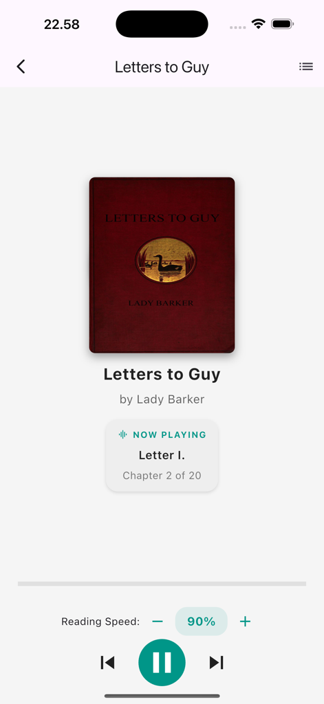 Audio Reader - EPUB to Audio - Interface of Audio Reader app showing an ebook cover and playback controls for an audiobook.