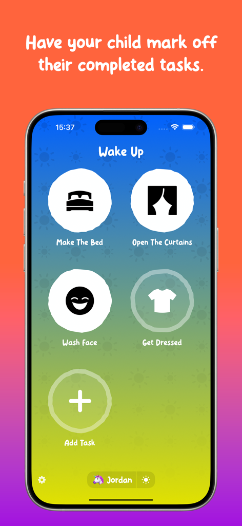 Uma tela de smartphone exibindo a rotina matinal de uma criança no app Little Streaks com ícones para arrumar a cama e lavar o rosto.
