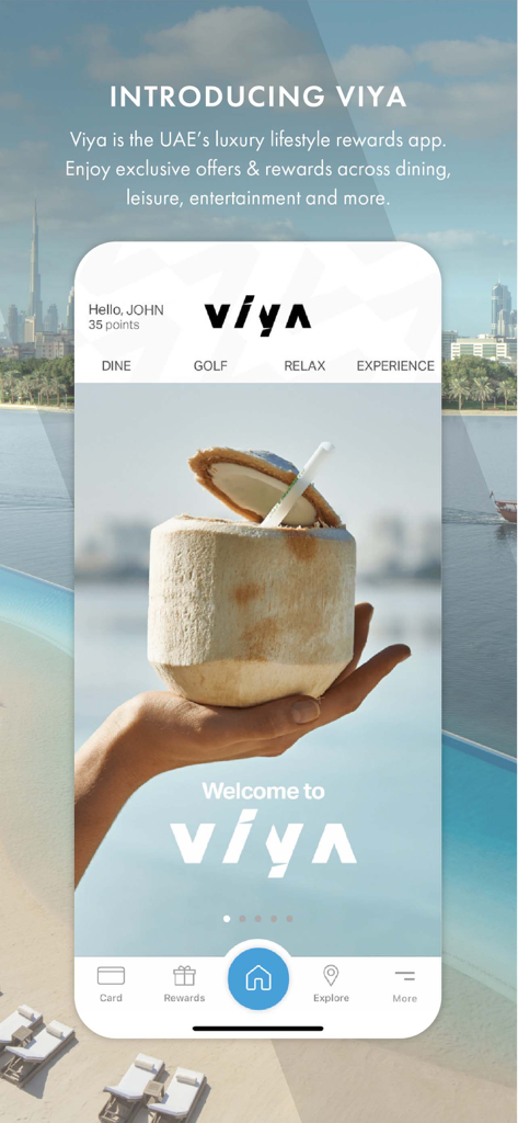 Viya - Viya app home screen showing luxury rewards and categories for dining golf and leisure in Dubai