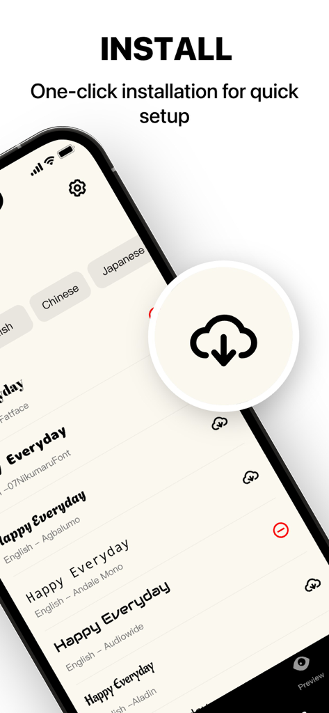 Fonts - Fonts Aesthetic - A mobile screen showing a list of aesthetic fonts with a one-click download and installation interface.