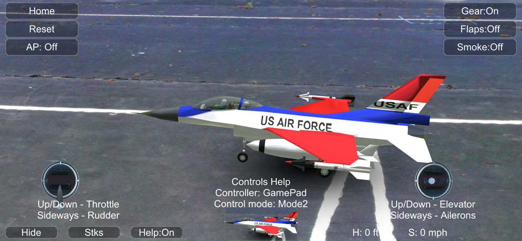 Ein US Air Force Jet-Modell in Absolute RC Simulator auf einer Landebahn mit Flugsteuerungen auf dem Bildschirm.