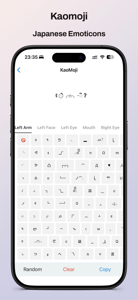 Interface of the MockMoji app showing the Japanese emoticons and Kaomoji creator keyboard