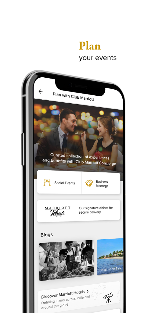 Club Marriott South Asia - Club Marriottコンシェルジュとのビジネスおよびソーシャルイベントの計画用モバイルアプリ画面
