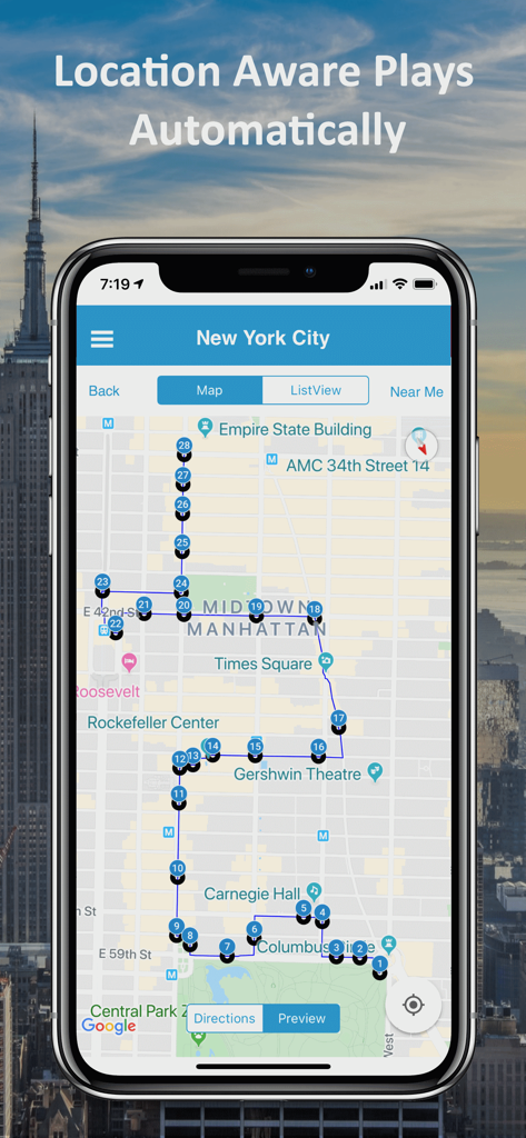 New York City GPS Audio Tour - Smartphone screen showing a GPS walking tour map of New York City with numbered landmarks and points of interest.