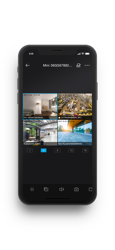 HiLook app displaying live video feeds from four security cameras on a smartphone screen