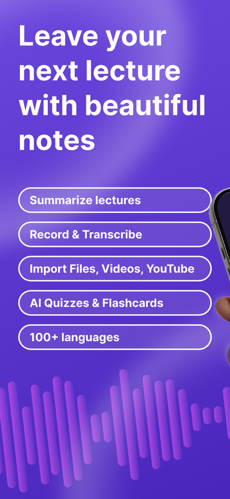 Interfaz de la aplicación Kiwinote destacando la resumen de conferencias, grabación, transcripción y herramientas de estudio con IA sobre un fondo morado