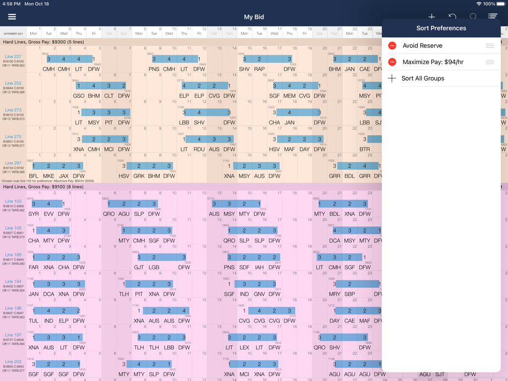 QuickBid iPad App Benutzeroberfläche zur Sortierung von Fluglinien mit Präferenzen zur Maximierung des Gehalts und zur Vermeidung von Reserveeinsätzen