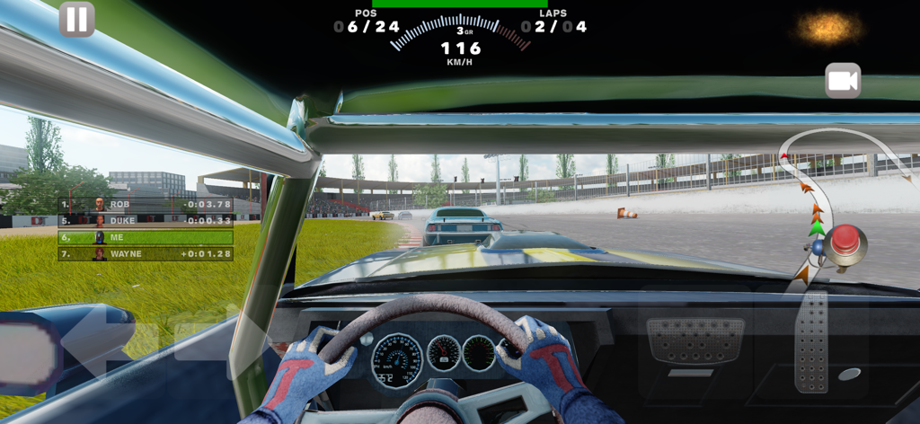 In-game cockpit view of a racing car driving on a stadium track in Derby Madness.