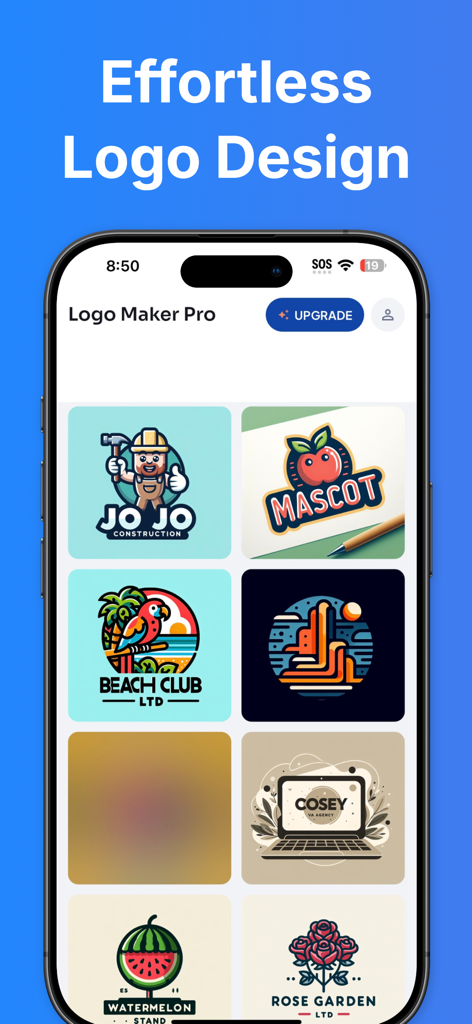 Logo Maker 3D - A mobile app interface displaying a variety of AI-generated logo templates for different business niches