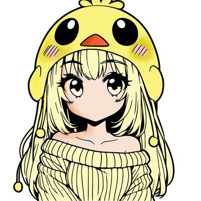 anime girl with chick shaped hat with sweater with bare shoulders with bangs covering them one eye with low tail