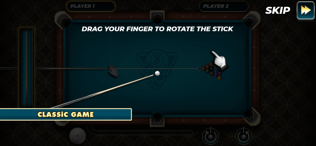 Top down view of a pool table in Eight Ball Pool Pro showing instructions on how to rotate the cue stick