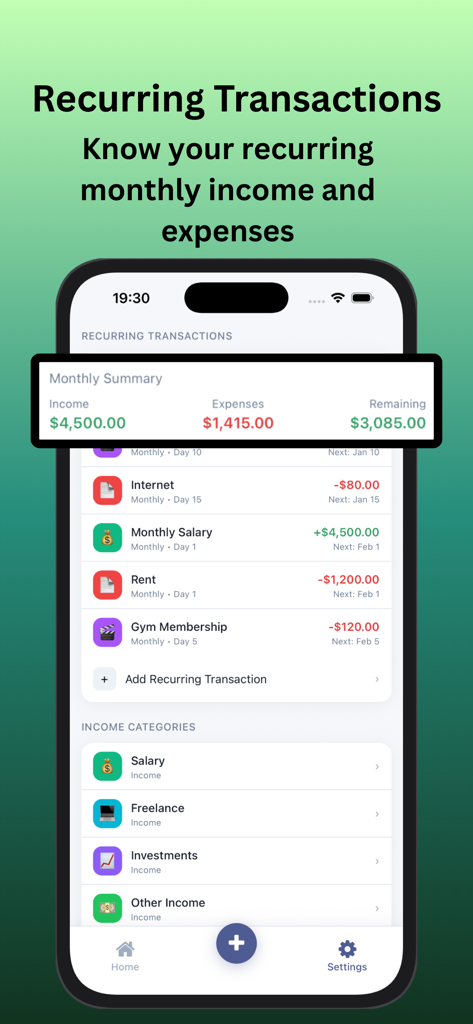 Money Trackerアプリでの毎月の定期収入と支出の概要。