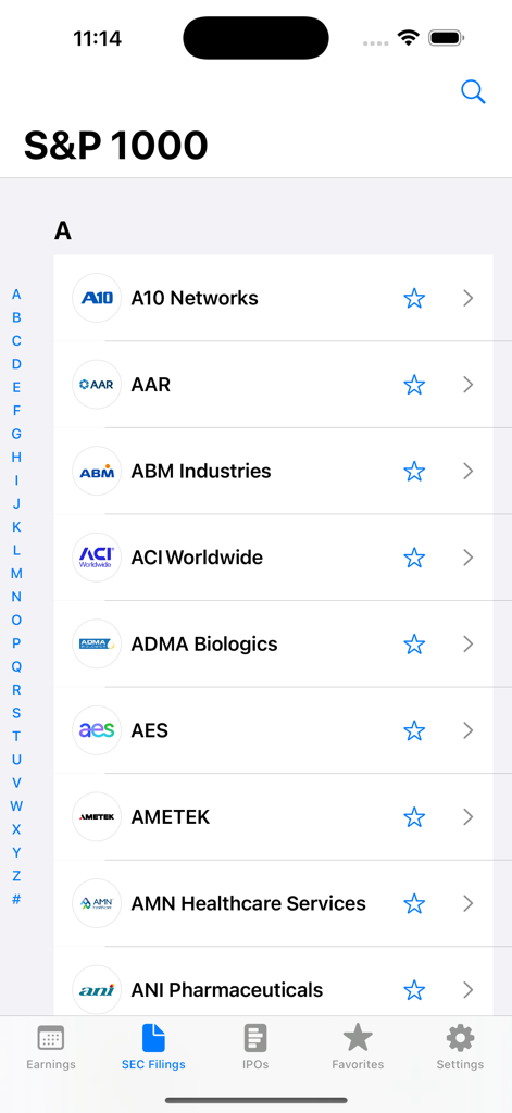 Earnings Whisper - Lista alfabética de empresas del S&P 1000 dentro de la interfaz de presentaciones ante la SEC de la aplicación Earnings Whisper.
