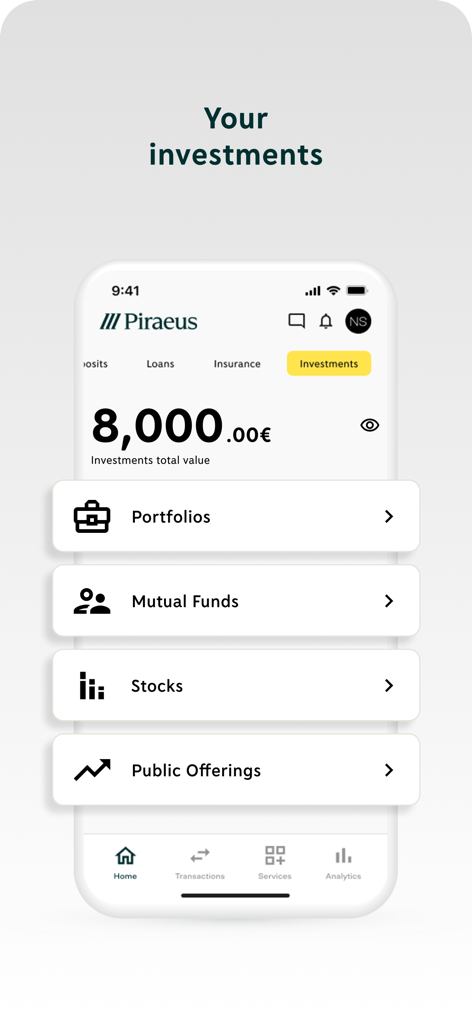 Piraeus app - Piraeus app investments screen showing total value and options for portfolios, stocks, and mutual funds.