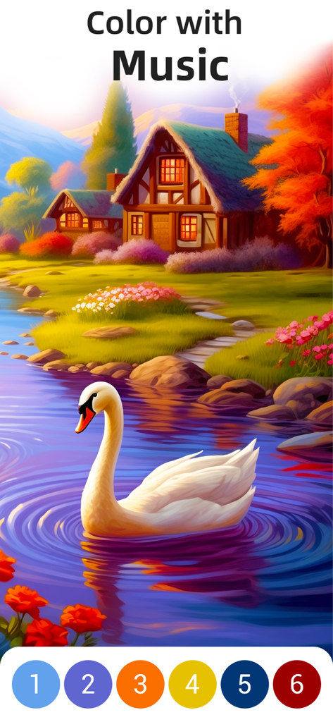 Super Color® - Paint by Number - A relaxing paint by number screen featuring a swan on a lake and a cozy cottage
