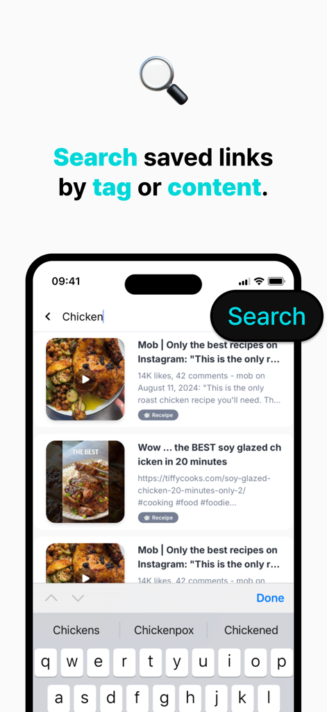 Stashby: Bookmark Manager - Stashby app interface demonstrating the search functionality for saved links by tag or content featuring chicken recipes