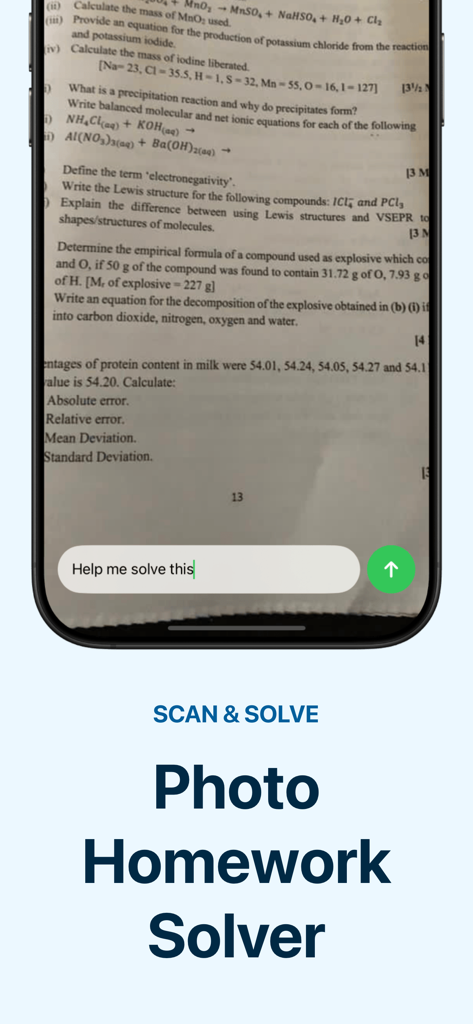Chemistry Answers AI - Chemy - A mobile app interface showing a photo of a chemistry worksheet being scanned by an AI homework solver.