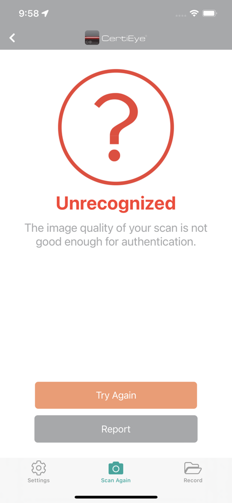 CertiEye app screen showing an unrecognized scan error message due to poor image quality