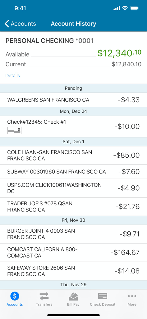 EECU Mobile Banking app screen showing personal checking account history and transaction list