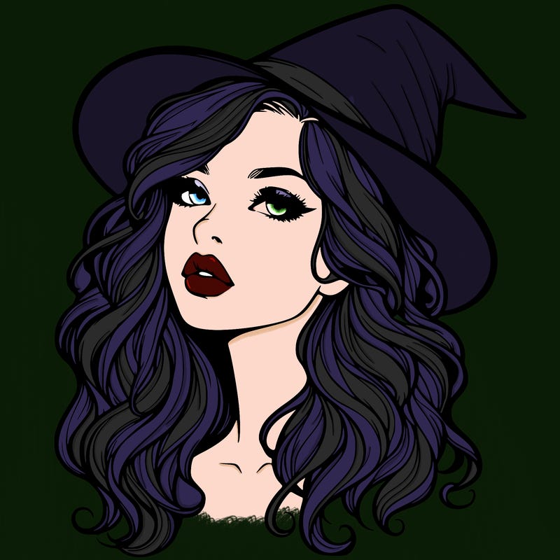realistic witch girl with wavy hair and lips