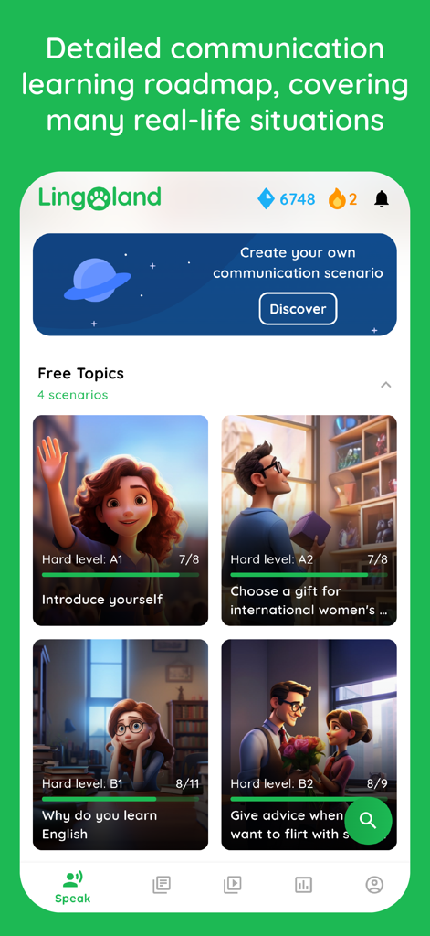 Screenshot dell'app Lingoland che mostra vari argomenti di comunicazione in inglese e livelli di apprendimento
