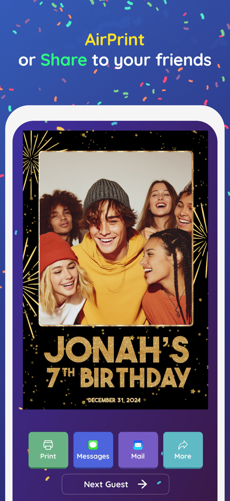 Mini Photobooth - Interface of Mini Photobooth app showing a birthday photo with options to print or share via messages and mail