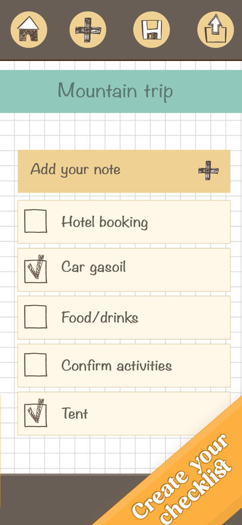 Grocery List - Shopping Simple - Una lista de verificación para un viaje a la montaña dentro de la aplicación mostrando artículos como reserva de hotel y comida con marcas de verificación dibujadas a mano